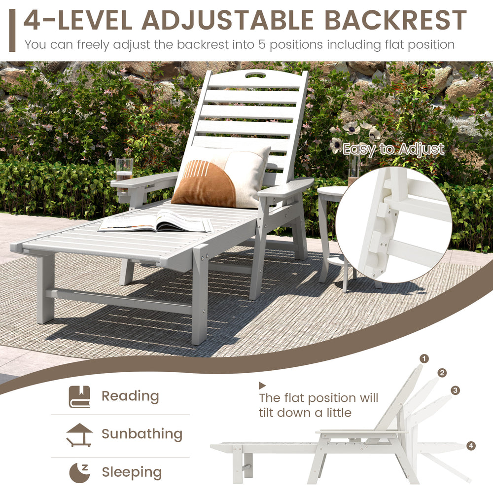 Patio chaise lounge chair in white with a 4-level adjustable backrest, perfect for poolside relaxation and comfort.