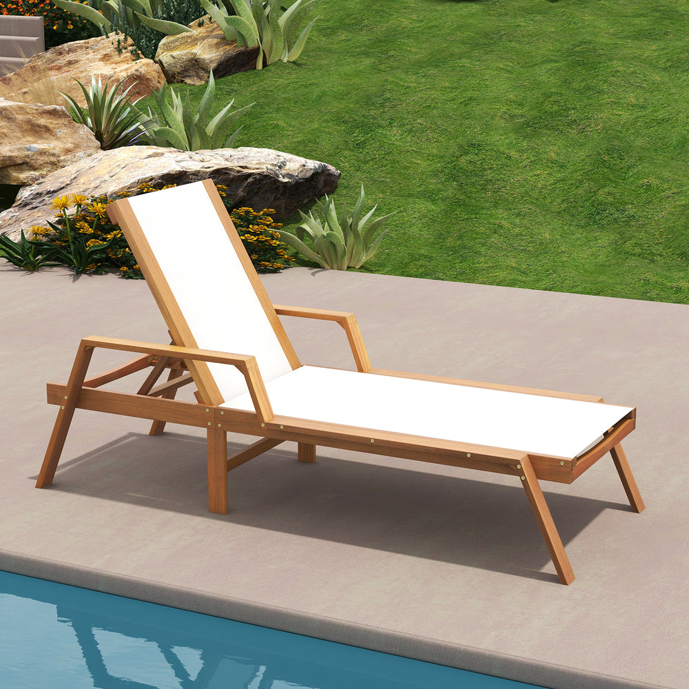 Patio chaise lounge chair with white fabric seat, acacia wood frame, and adjustable backrest for poolside relaxation.