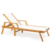 Patio chaise lounge chair in natural acacia wood with white fabric seat, adjustable backrest for backyard relaxation.