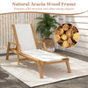 Patio chaise lounge chair with armrests, natural acacia wood frame, adjustable backrest, ideal for backyard relaxation.