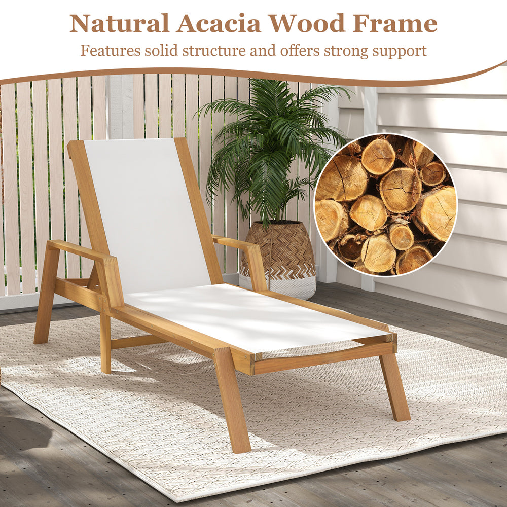 Patio chaise lounge chair with armrests, natural acacia wood frame, adjustable backrest, ideal for backyard relaxation.