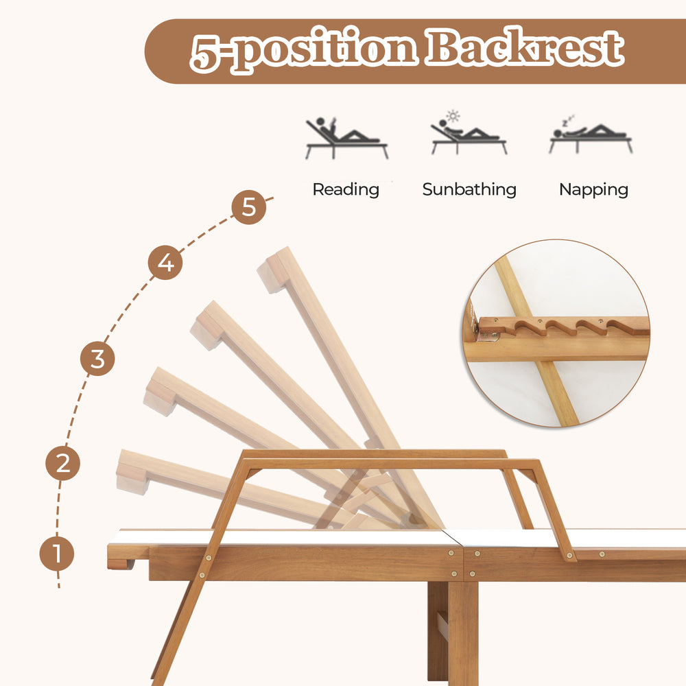 5-position backrest adjustment of the acacia wood patio chaise lounge chair for versatile relaxation in your backyard.