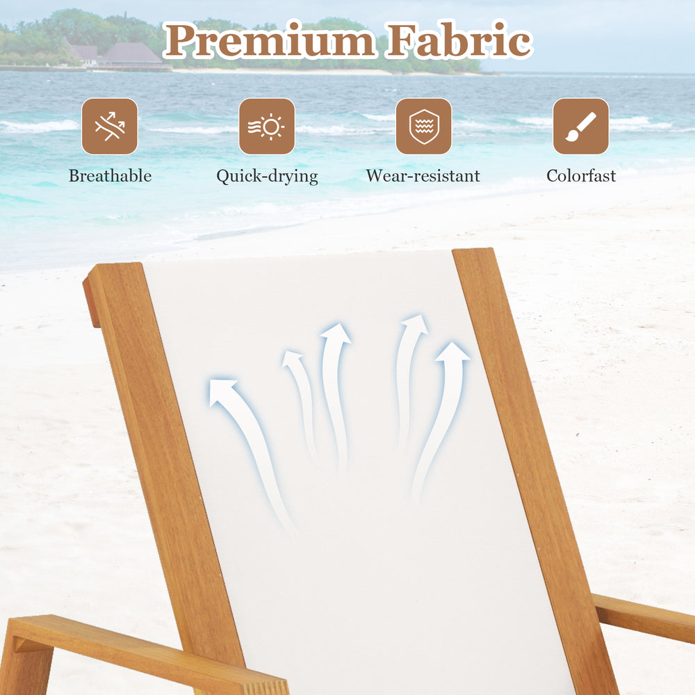 Close-up of the breathable fabric seat of the white patio chaise lounge chair, showcasing its premium quality for.