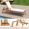 Patio chaise lounge chair with white fabric seat and acacia wood frame, perfect for backyard and poolside relaxation.
