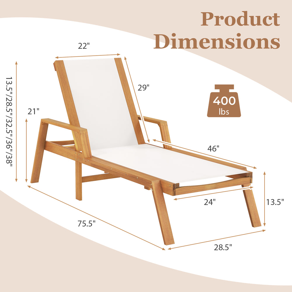Patio chaise lounge chair dimensions with armrests, made of acacia wood, supports 400 lbs for backyard relaxation.