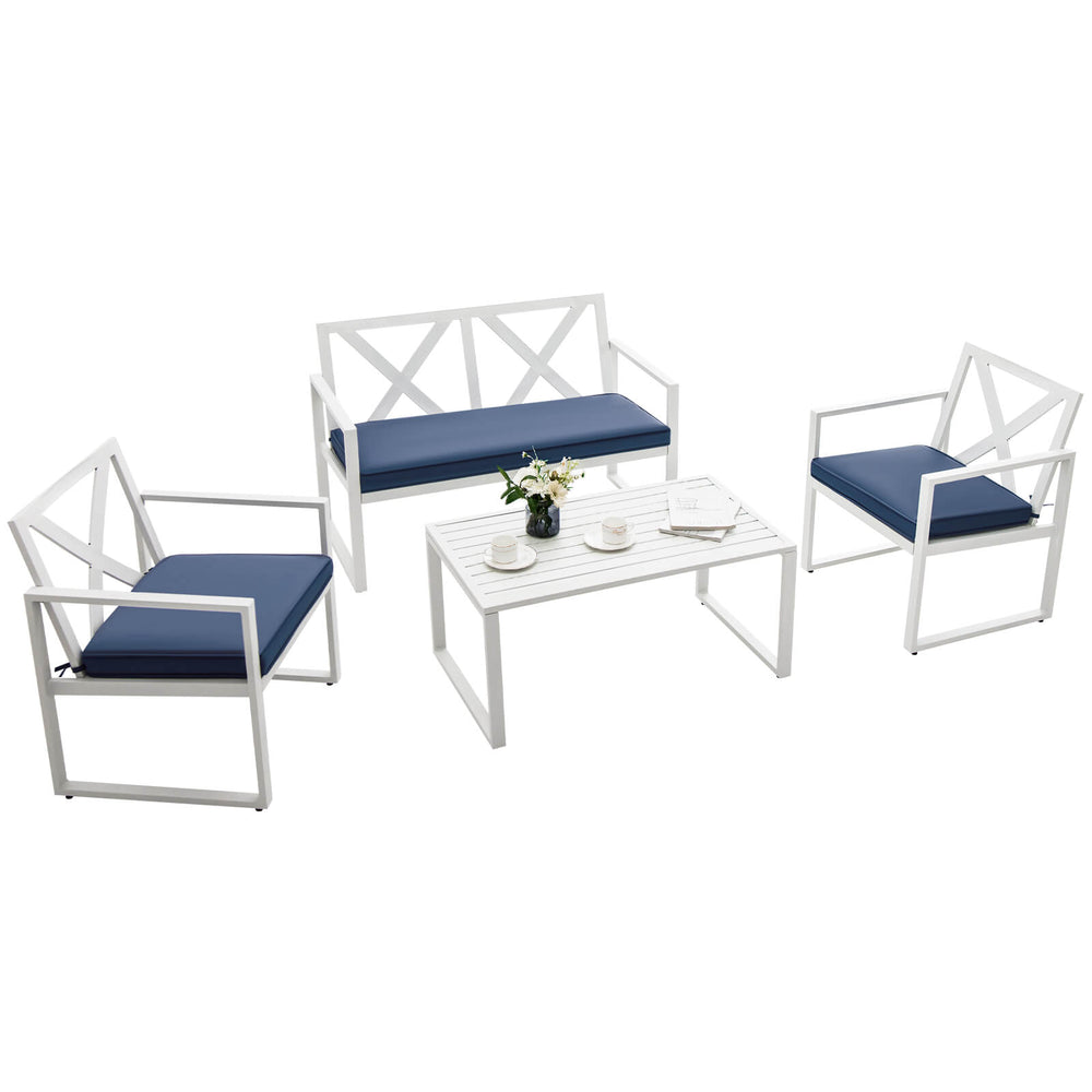 Side view of two single chairs from the 4 Pieces Outdoor Conversation Set with navy cushions, perfect for garden.