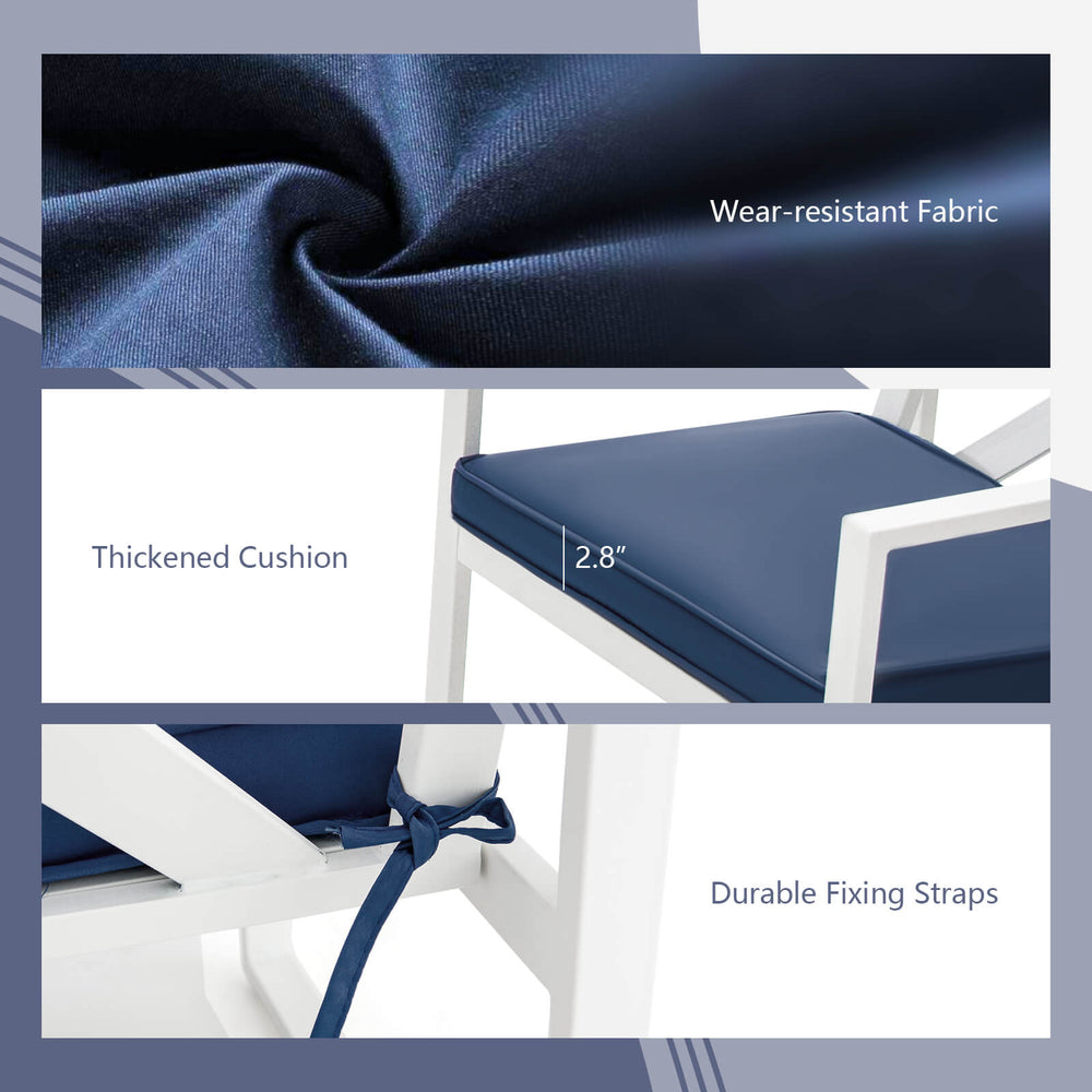 Close-up of thickened cushion with durable fixing straps on a navy chair from the 4 Pieces Outdoor Conversation Set.
