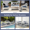 4-piece outdoor conversation set with steel frame, navy cushions, ideal for backyard relaxation and versatile use.
