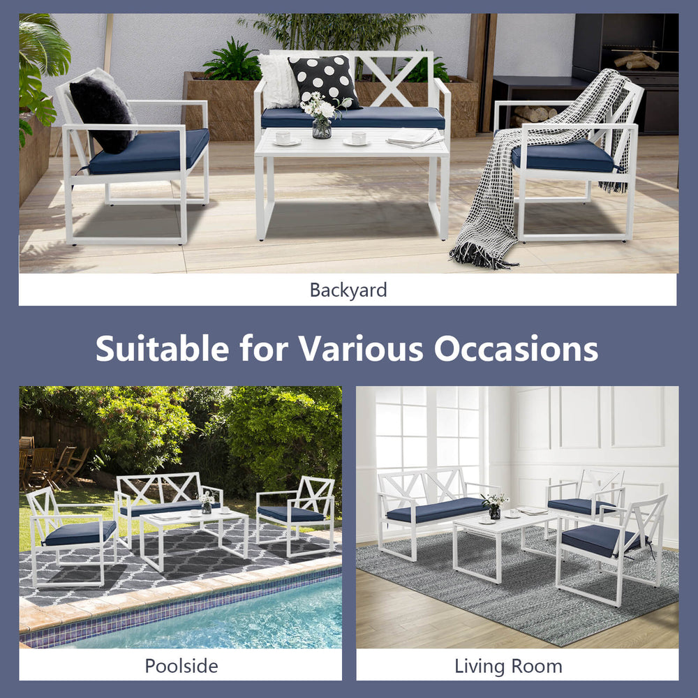 4-piece outdoor conversation set with steel frame, navy cushions, ideal for backyard relaxation and versatile use.