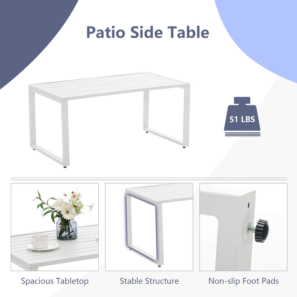 Patio side table with spacious tabletop, sturdy steel frame, and non-slip foot pads for outdoor use and stability.