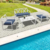 Outdoor conversation set featuring a sturdy steel frame, navy cushions, and a side table, perfect for patio relaxation.