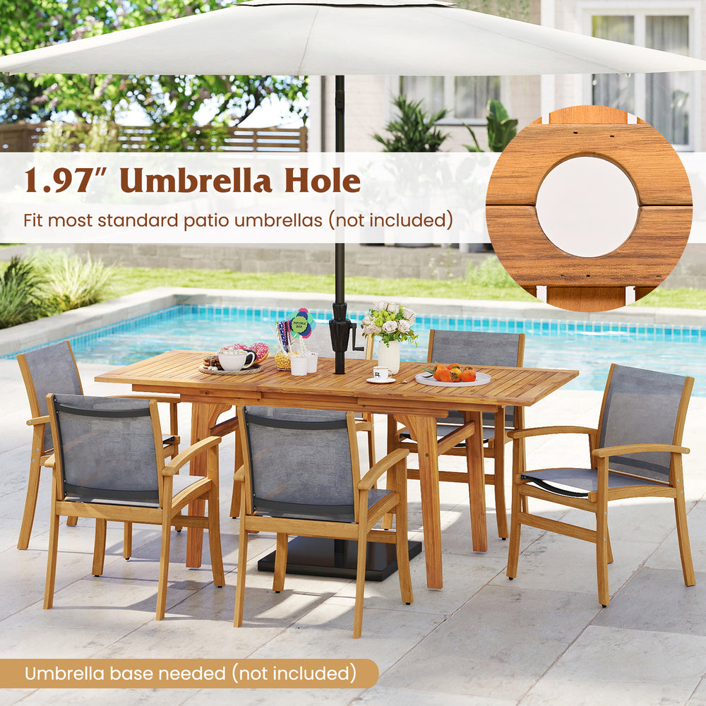 Expandable 55-inch patio dining table made of acacia wood with a 1.97" umbrella hole, perfect for outdoor gatherings.