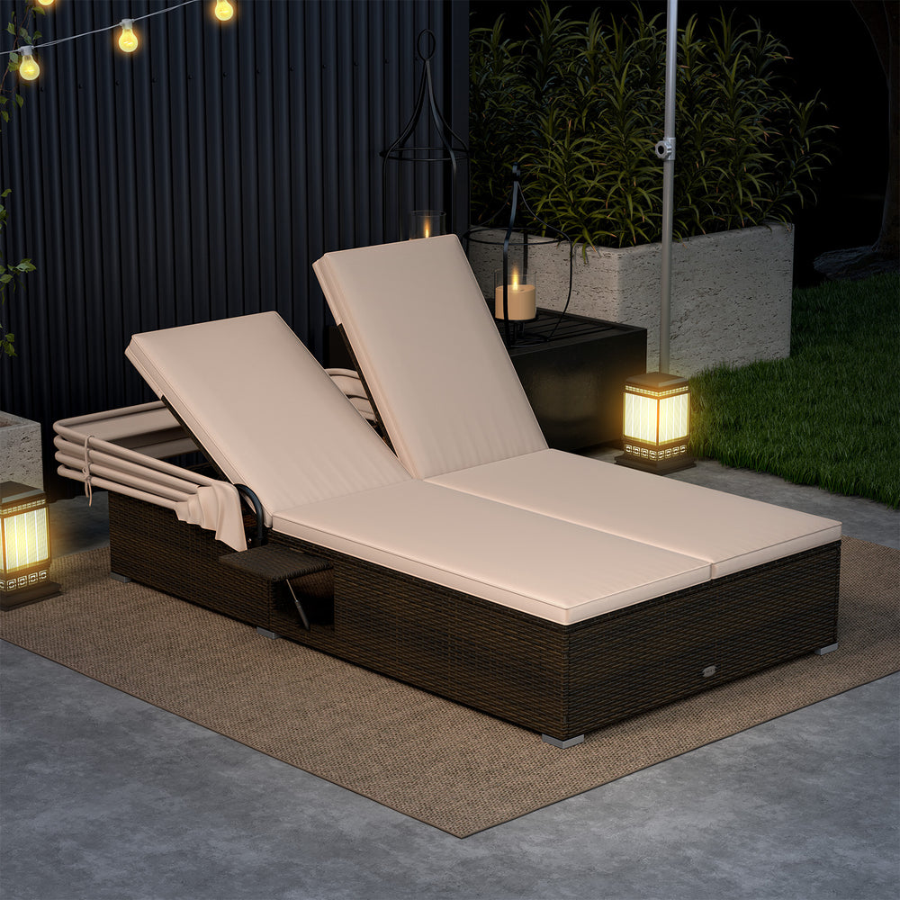 Patio Double Chaise Lounge with Shade Cushions and Folding Side Trays-Beige - Gallery View 1 of 10