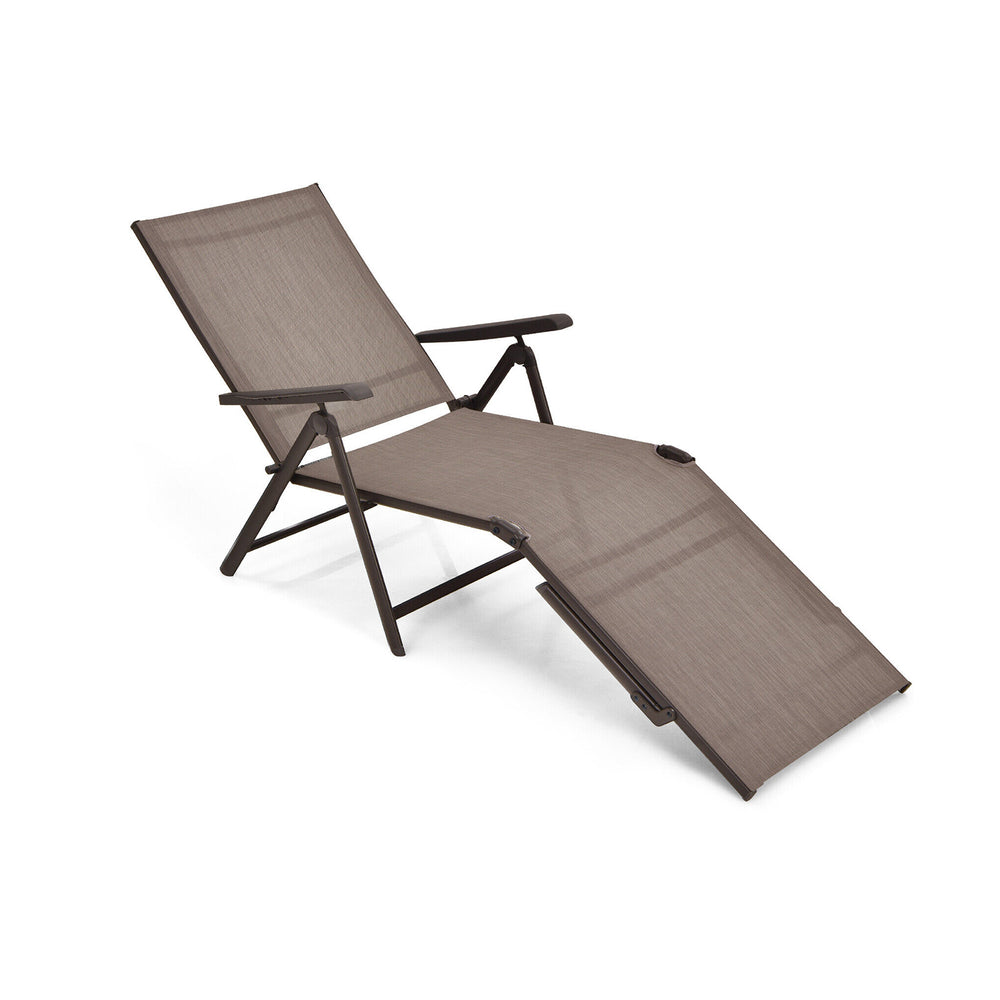 Side view of the brown patio foldable chaise lounge chair displaying its ergonomic design and durable steel frame for.