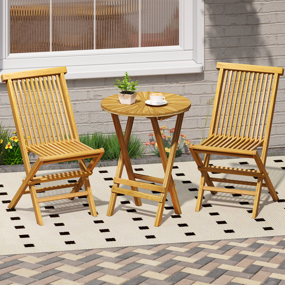 Teak wood round folding side table with slatted tabletop, perfect for patio, balcony, or porch use.