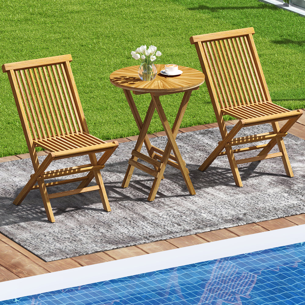 Teak wood folding side table with slatted tabletop, perfect for patio use and easy storage in corners.