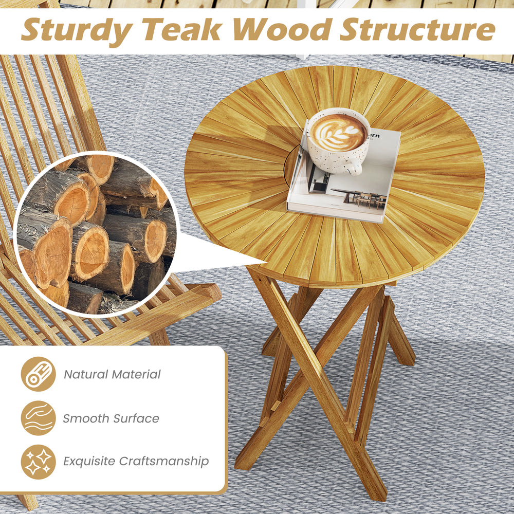 Round teak wood folding side table with slatted top and X-shaped frame, perfect for patio or balcony use.