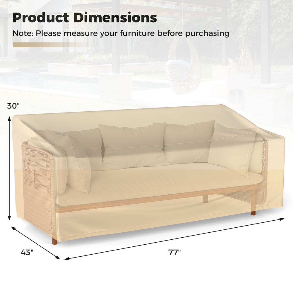 Patio furniture cover measuring 77 x 43 x 30 inches with padded handle and click-close straps for outdoor protection.
