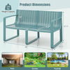 Weather-resistant blue 2-person bench with curved backrest and wide armrests, perfect for patio or poolside use.