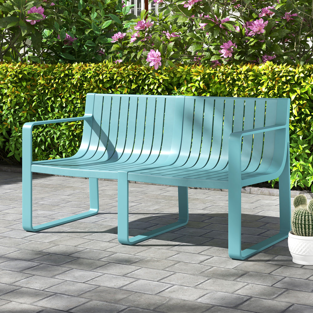 Blue weather-resistant plastic 2-person bench featuring wide armrests and slatted design, perfect for outdoor decor.
