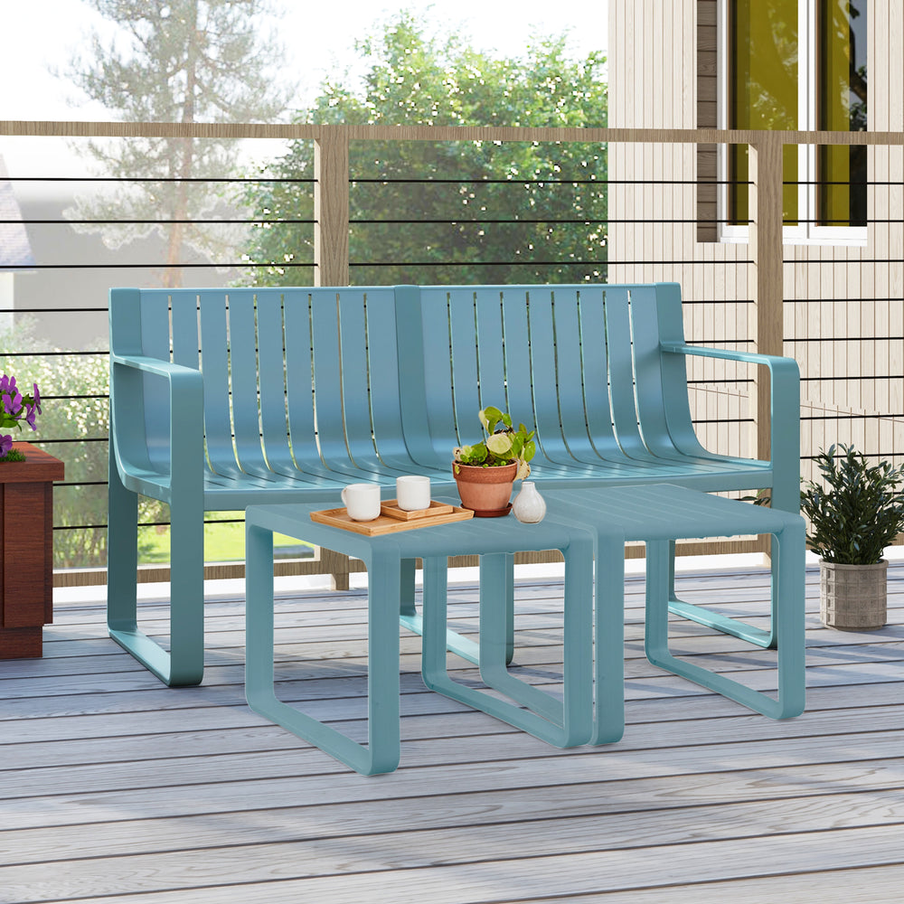 Blue weather-resistant plastic 2-person bench with curved backrest, ideal for patio or poolside relaxation.
