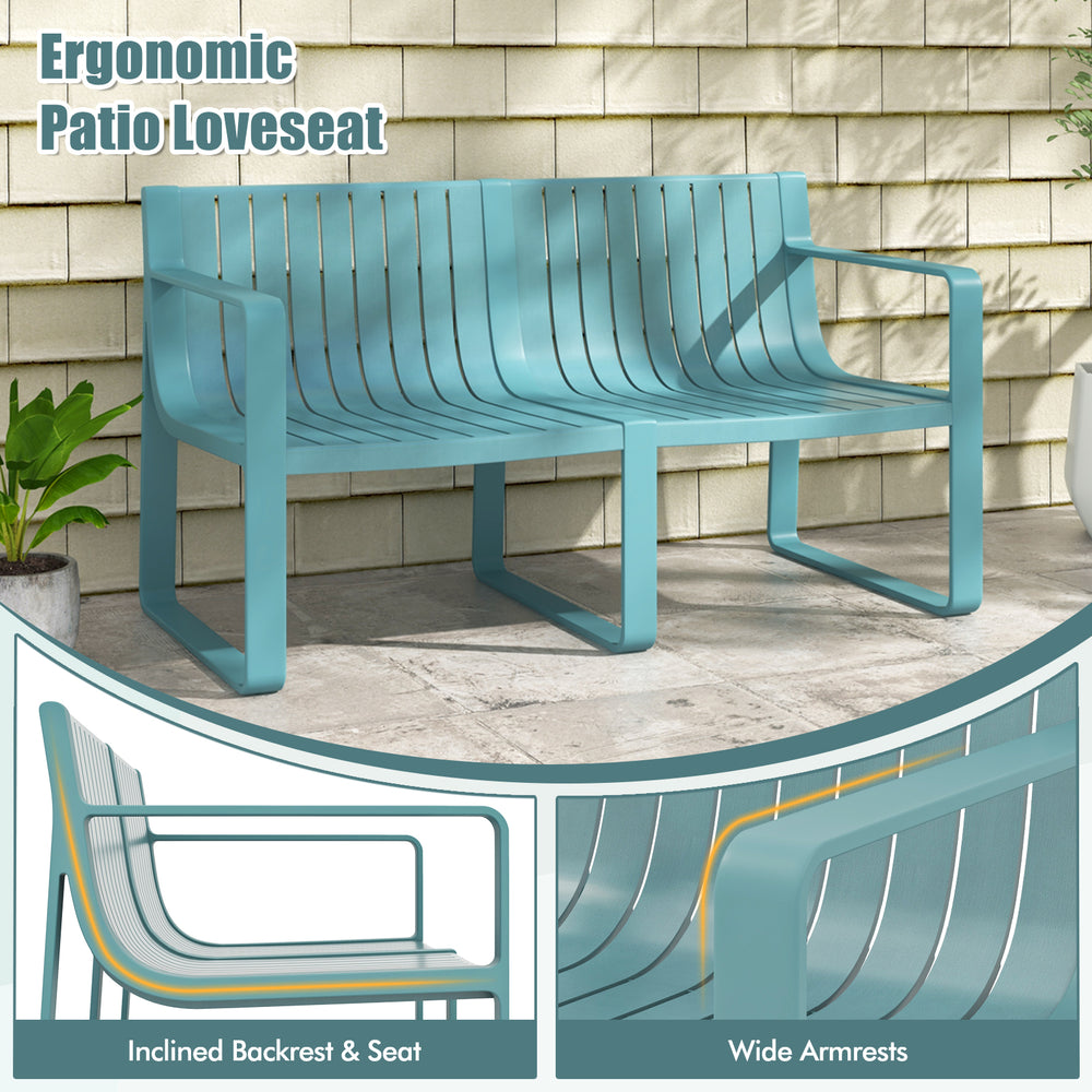 Ergonomic blue patio loveseat with curved backrest, wide armrests, and slatted design for outdoor comfort and style.
