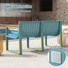 Two-person blue bench with curved backrest, made of weather-resistant plastic, perfect for outdoor patio use.