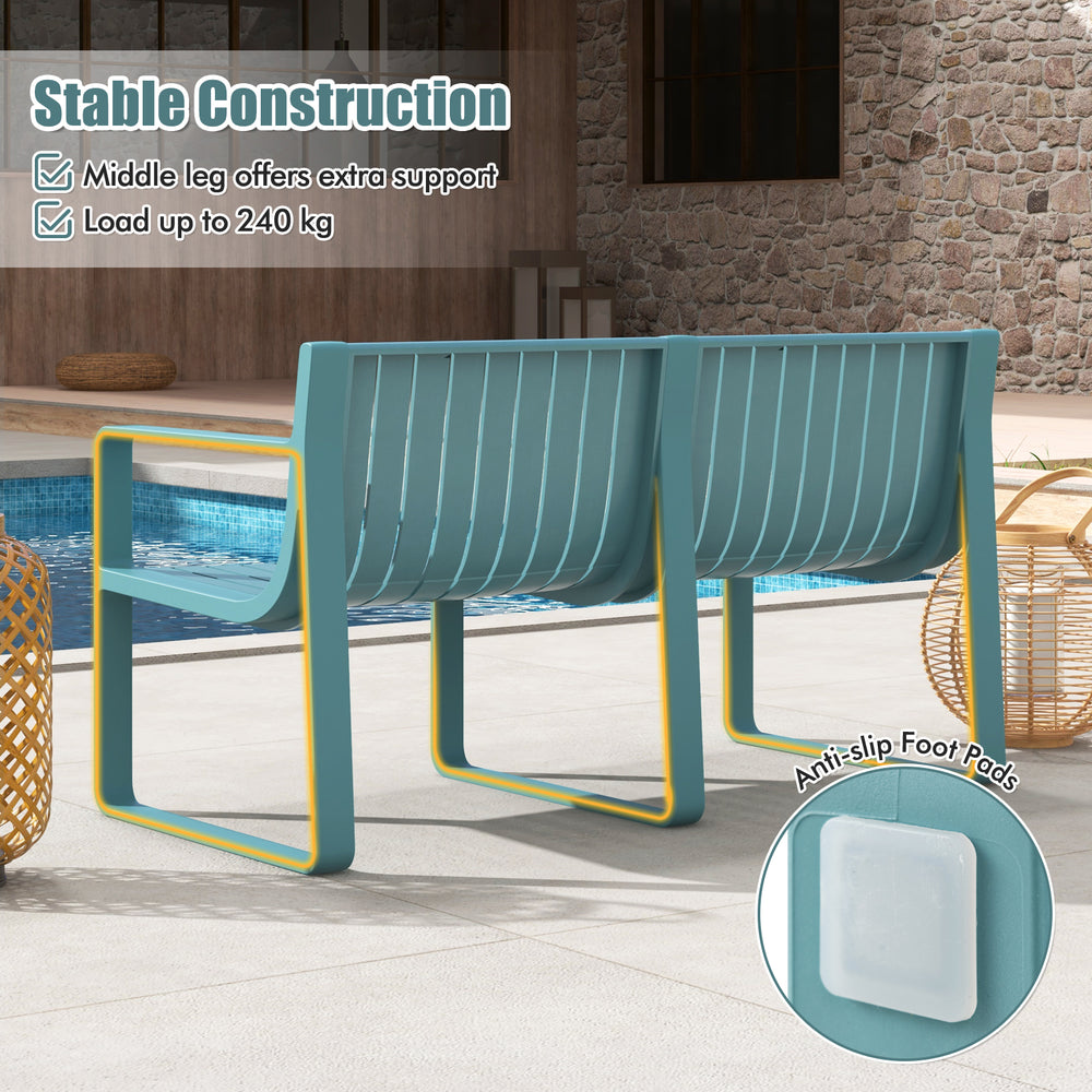 Two-person blue bench with curved backrest, made of weather-resistant plastic, perfect for outdoor patio use.