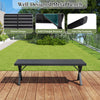Patio metal bench with slatted seat, solid X legs, and non-slip footpads, perfect for backyard seating.
