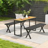 Patio metal bench with slatted seat and X legs, 54" long, suitable for backyard or garden seating.