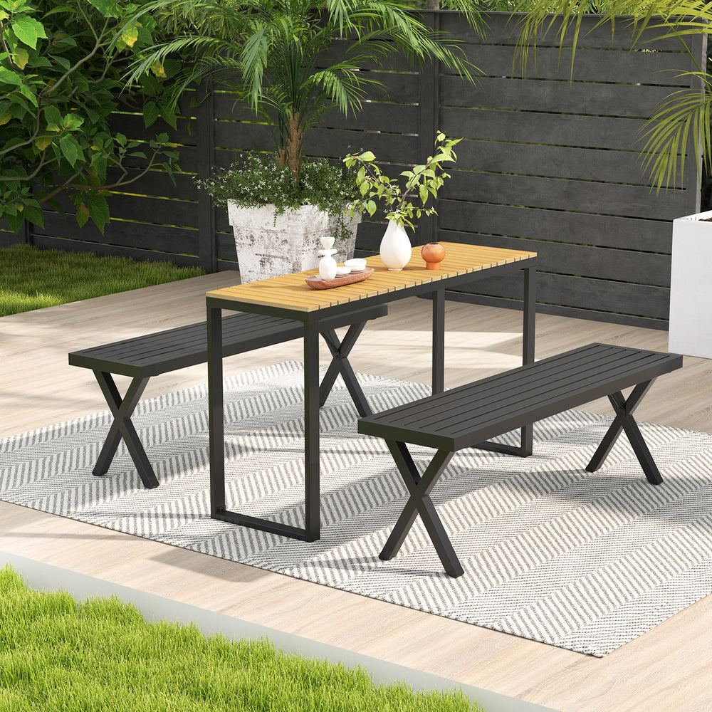 Patio metal bench with slatted seat and X legs, 54" long, suitable for backyard or garden seating.