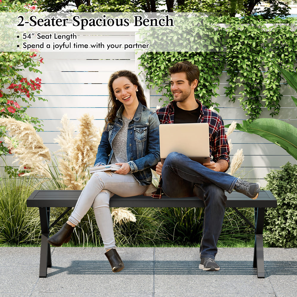 Spacious 2-seater patio metal bench with slatted seat, supporting 800 lbs, ideal for backyard relaxation.