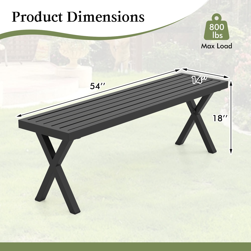Patio metal bench with slatted seat, 54" long, X legs, supports 800 lbs, ideal for backyard or garden use.