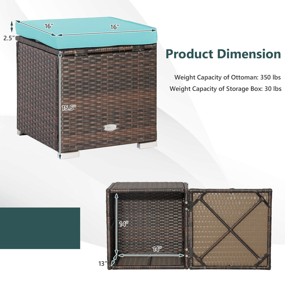 Turquoise patio ottoman with removable cushions, made of durable PE rattan, serves as a storage box and footstool.