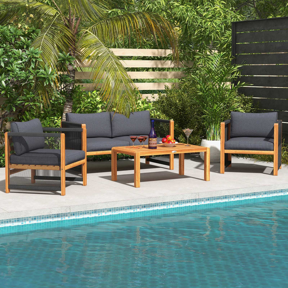 4 Pieces Acacia Wood Outdoor Patio Furniture Set with Cushions-Gray - Gallery View 1 of 11