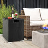 Black 2-in-1 patio rattan gas propane tank cover, used as a side table, featuring a durable PE rattan design.