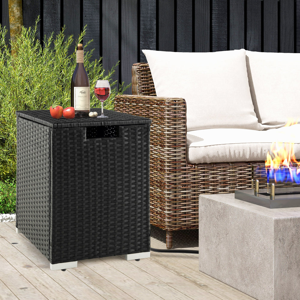 Black 2-in-1 patio rattan gas propane tank cover, used as a side table, featuring a durable PE rattan design.