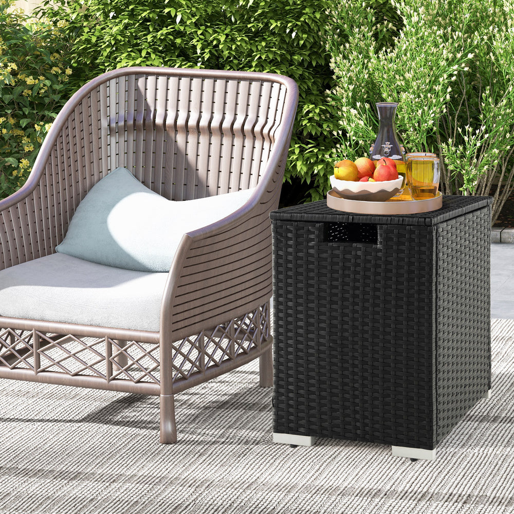 Black 2-in-1 patio rattan gas propane tank cover serving as a side table, featuring a durable PE rattan design.