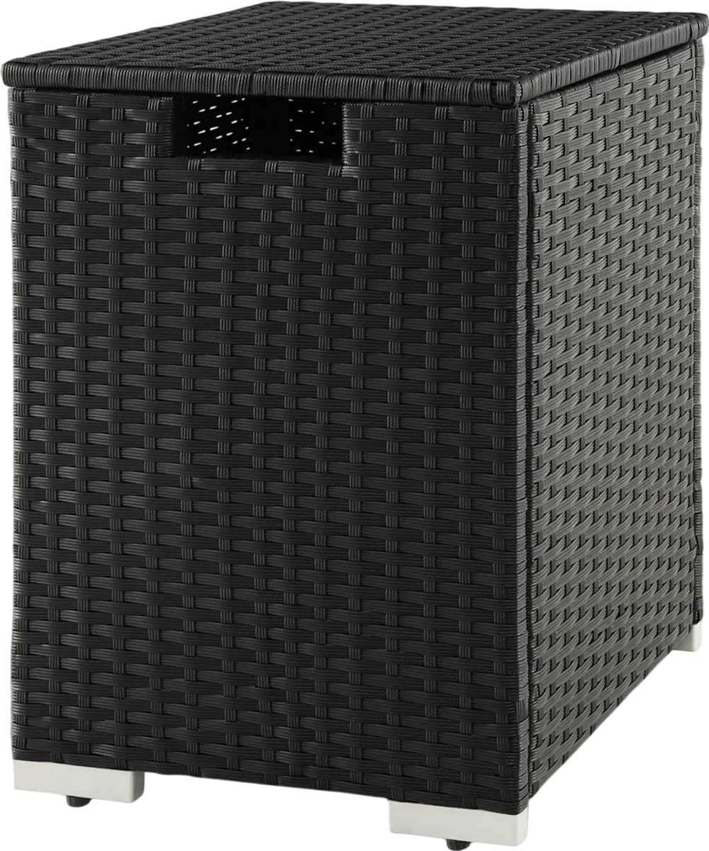Black 2-in-1 patio rattan gas propane tank cover, designed for 20 lbs tanks, doubles as a stylish side table.