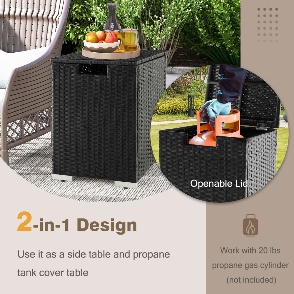 Black 2-in-1 patio rattan gas propane tank cover with open lid, designed for 20 lbs tanks and doubles as a side table.