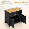 Rattan storage cabinet with acacia wood countertop, featuring dimensions and load capacities for outdoor patio use.