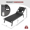 Adjustable black patio sunbathing lounge chair with dimensions and features for comfortable outdoor relaxation.