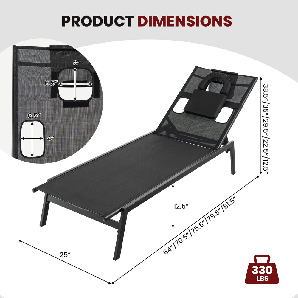 Adjustable black patio sunbathing lounge chair with dimensions and features for comfortable outdoor relaxation.