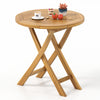 Teak wood dining table with slatted top and X-shaped frame, perfect for outdoor dining on patio or balcony.