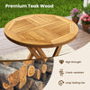 Round patio teak wood dining table with slatted tabletop and sturdy X-shaped frame, perfect for outdoor gatherings.