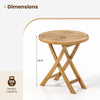 Round teak wood dining table with slatted tabletop and sturdy X-shaped frame, ideal for patio or garden use.