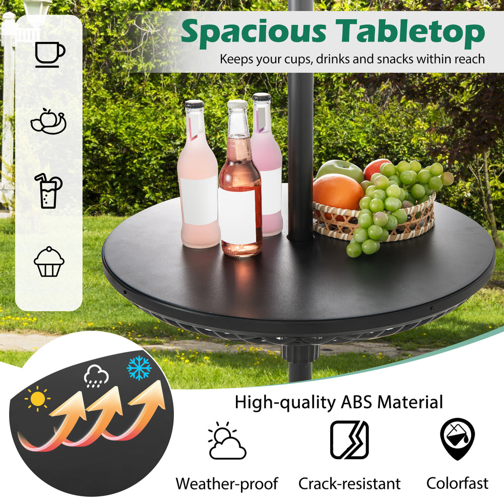 Adjustable patio umbrella table tray in black, made of high-quality ABS, perfect for outdoor use at poolsides and.