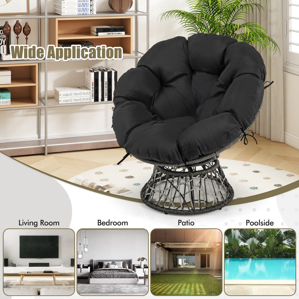 Black PE wicker Papasan chair with thick cushion, featuring a 360° swivel for comfort in living rooms, patios, or.