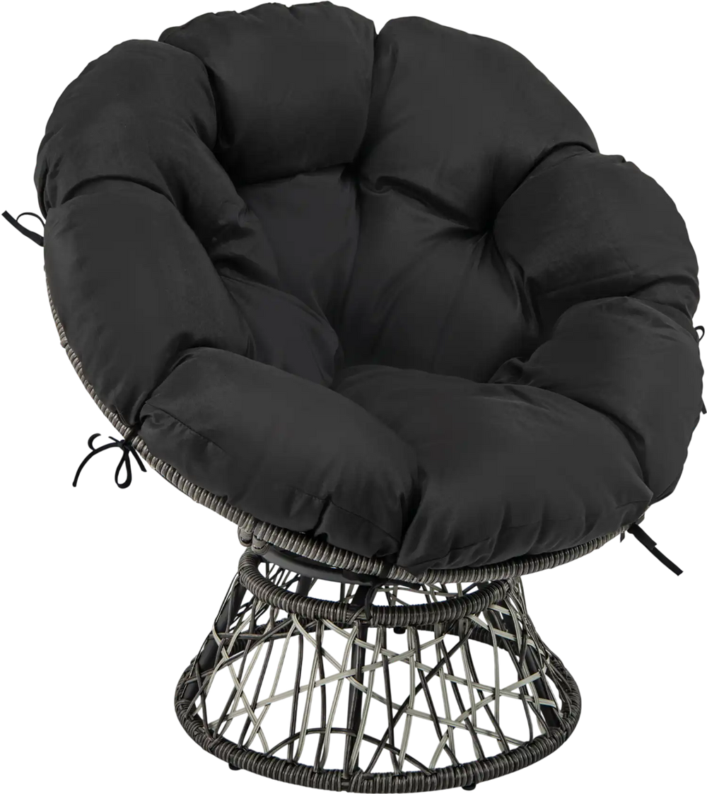 Black PE wicker Papasan chair with thick removable cushion, featuring a 360° swivel and stable round base for comfort.