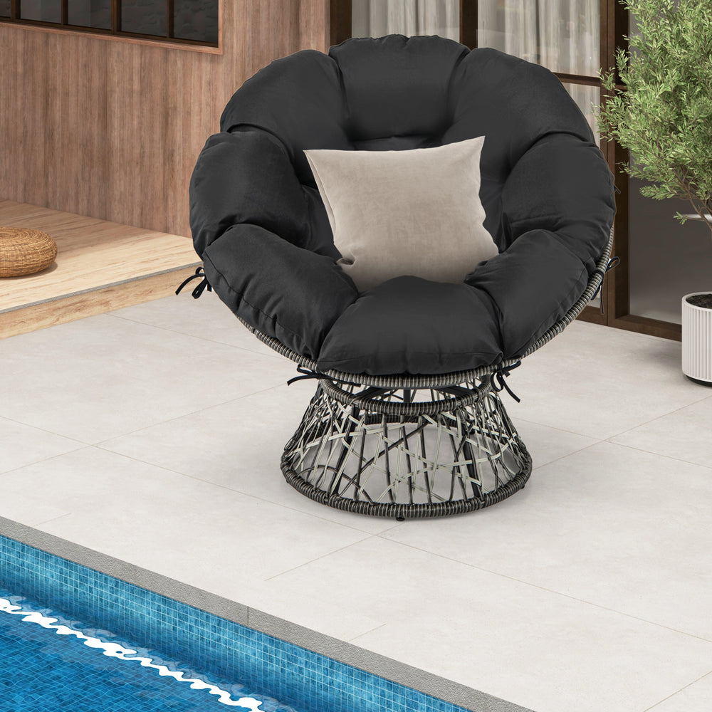 Black PE wicker Papasan chair with soft removable cushion and tie-down straps, ideal for enhancing any indoor or.